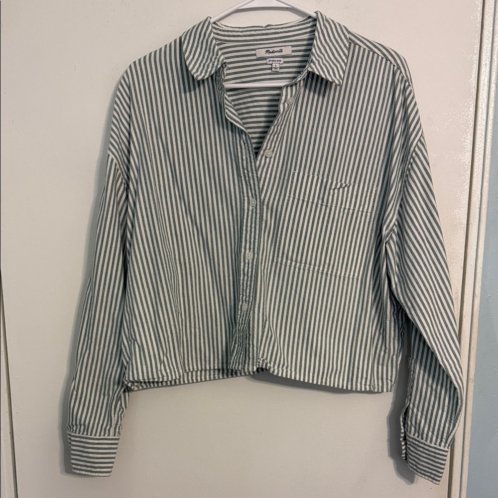 Madewell Green and White Striped Button Down Shirt